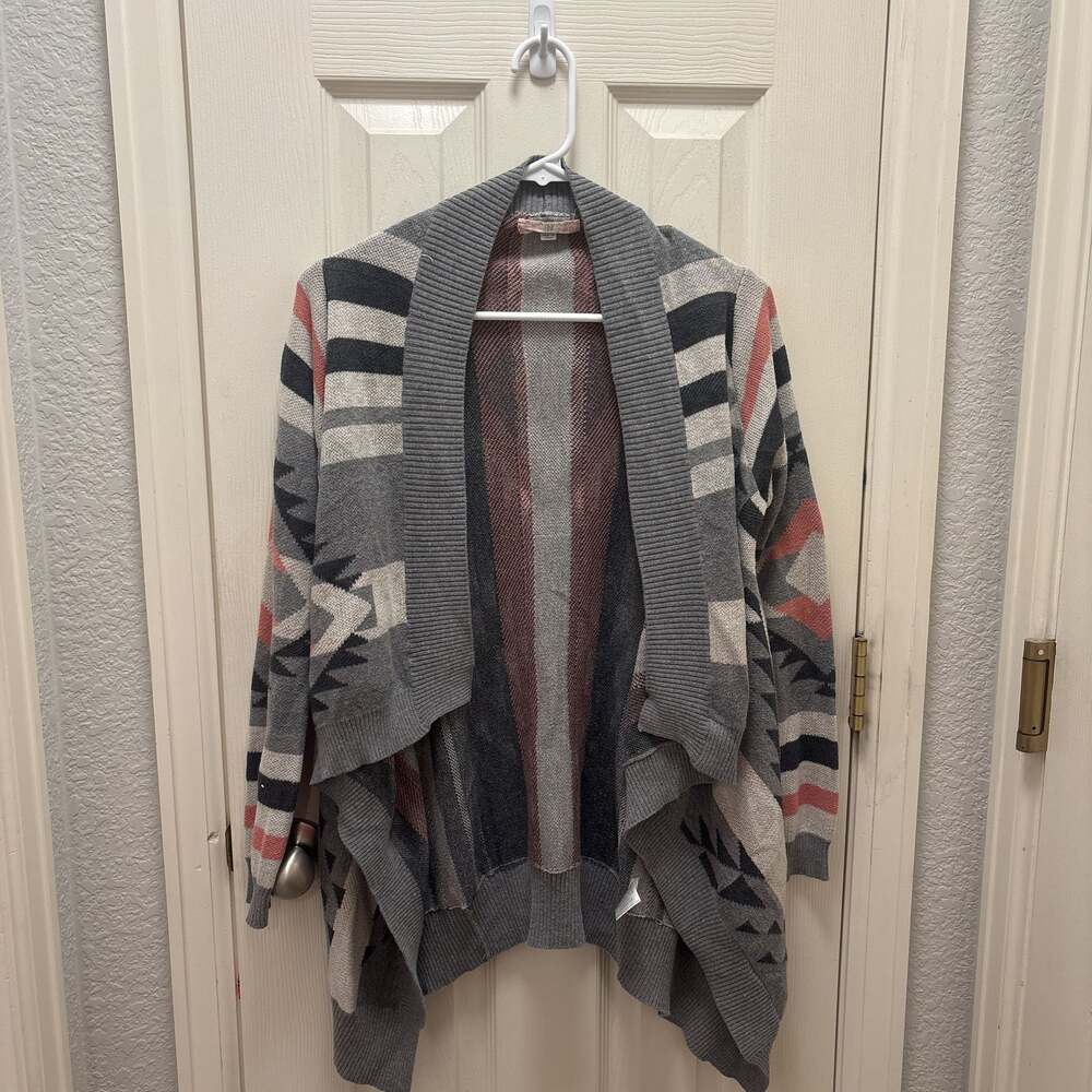 Pink Republic‎ Gray and Pink Plaid Hooded Cardigan Sweater XS